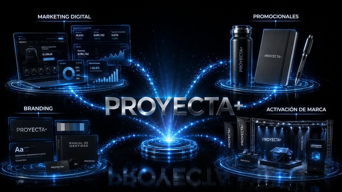 PROYECTA+ digital marketing service diagram showing four core offerings: marketing digital, branding, activacion de marca, and promocionales with blue holographic interface design